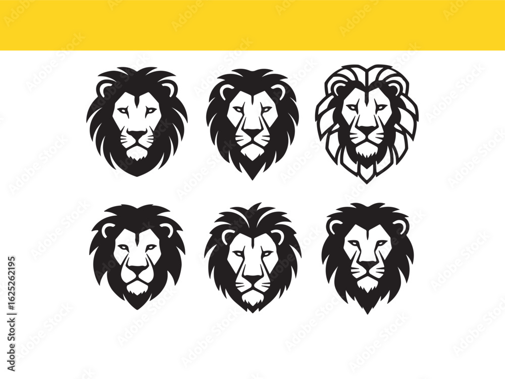 Obraz premium Collection of majestic lion head illustrations, graphic vector icons of a powerful wild cat face, perfect for logos and emblems.