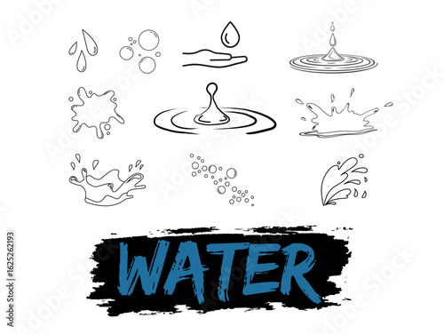 This illustration showcases a group of water drops depicted in a clean vector style. The artwork combines drawing and design elements, enhancing its visual appeal.