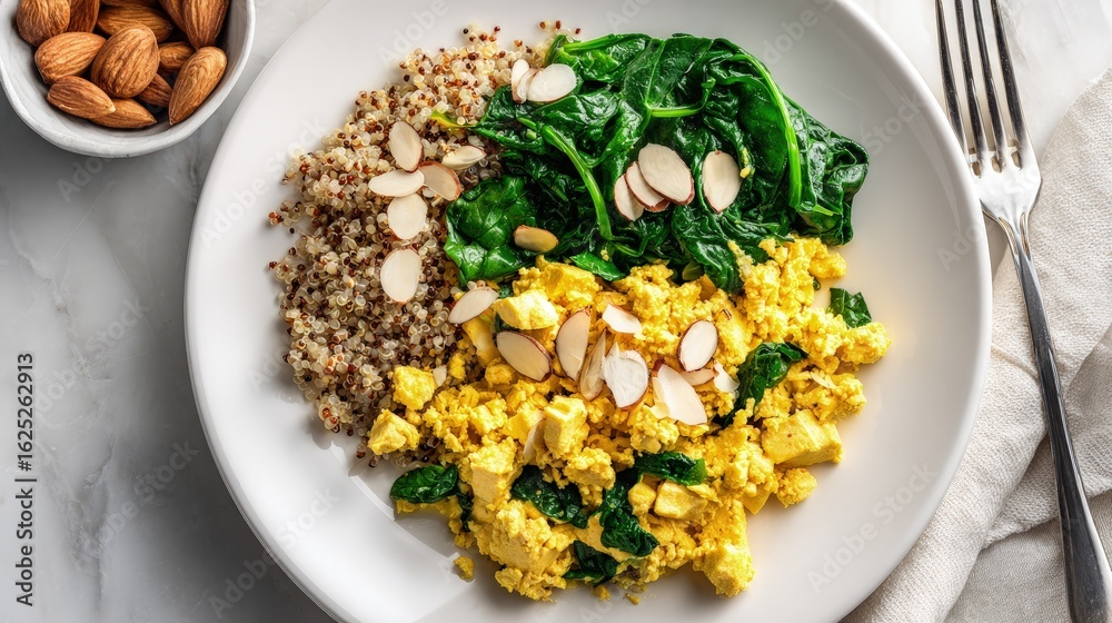 Fototapeta premium Flat lay of a protein-packed breakfast scrambled tofu sautéed spinach quinoa and sliced almonds on a white plate
