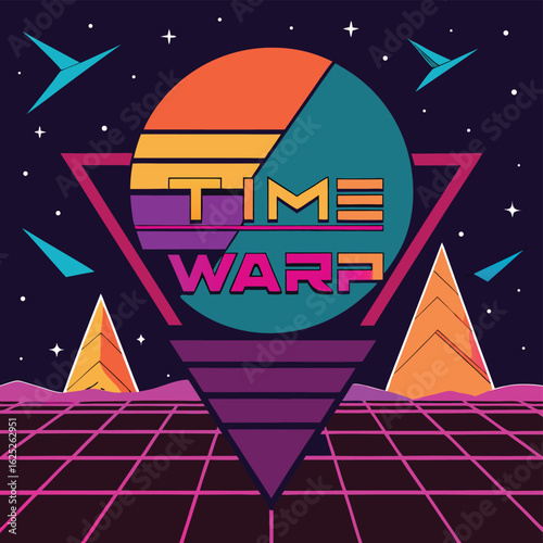 Retro style time warp with grid landscape and pyramids 80s synthwave abstract futuristic background