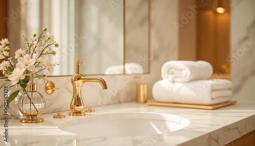 Refined Bathroom Interior Featuring Golden Fixtures, White Marble Countertop, Elegant Floral Arrangement, and Plush Towels
