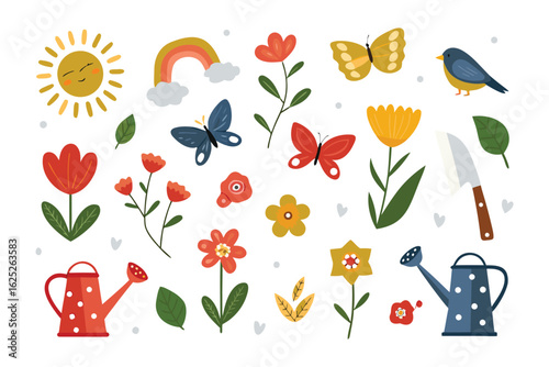 Enchanting Garden Elements Illustration: A collection of whimsical garden elements, meticulously illustrated to bring a touch of magic and charm to any project. This cheerful ensemble of blossoms.