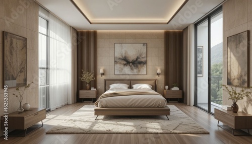 Modern, minimalist bedroom with earthy, desaturated hues