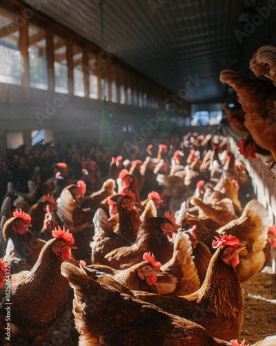 Quadro em tela Packed brown hens inside long chicken barn.