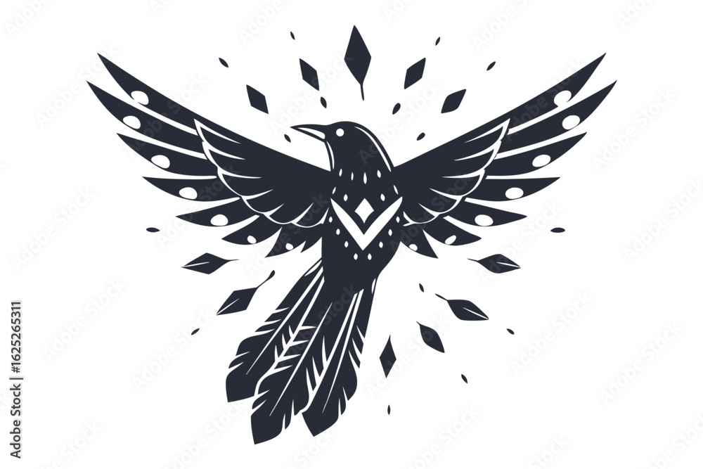 Fototapeta premium Detailed black raven spreads its stylized wings amidst falling leaf and diamond shapes
