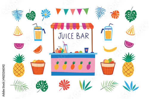 Juice Bar Paradise: A vibrant illustration of a juice bar, surrounded by lush tropical fruits, inviting the viewer to a refreshing taste of paradise.