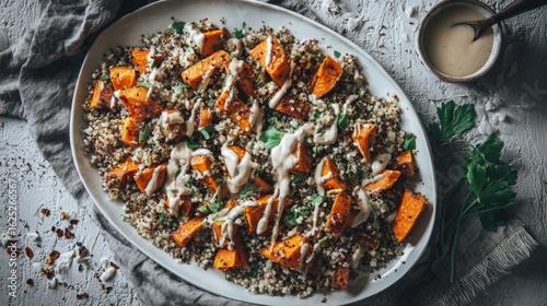 A flat lay of roasted sweet potatoes quinoa and tahini dressing healthy eating dinner warm tones