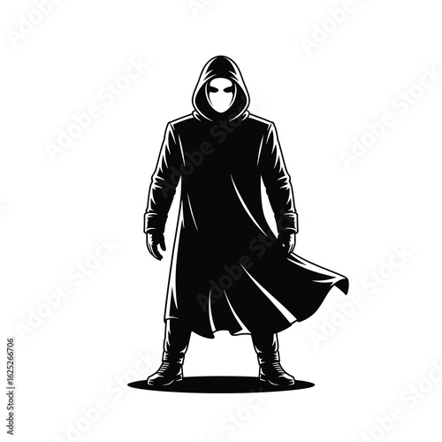 Mysterious Hooded Figure in Black Cloak Vector Illustration on White Background