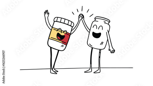 Two cartoon jars giving a high five with one jar filled with peanut butter and jelly and both smiling happily