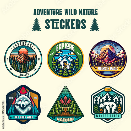 Adventure nature stickers collection featuring outdoor exploration and wanderlust themes
