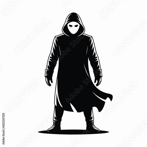 Mysterious Hooded Figure in Black Cloak Vector Illustration on White Background