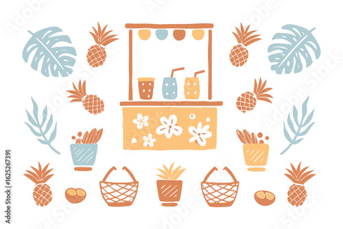 Tropical Paradise Stand: A whimsical illustration showcasing a charming stand brimming with tropical fruit juice and vibrant decor, inviting viewers to envision a refreshing retreat.