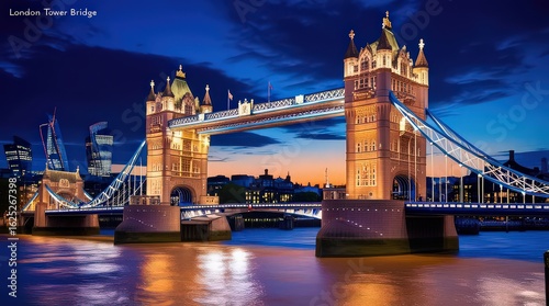 London tower bridge illuminated at night with reflections in the river thames below it