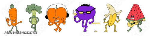 Cartoon produce characters: a carrot plays basketball and a watermelon plays guitar, and more