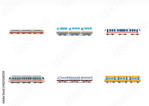 Diverse set of colorful train designs, various configurations and color schemes