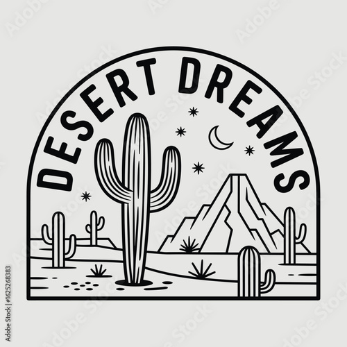 Black and white line art illustration of desert landscape with cacti and mountains vector