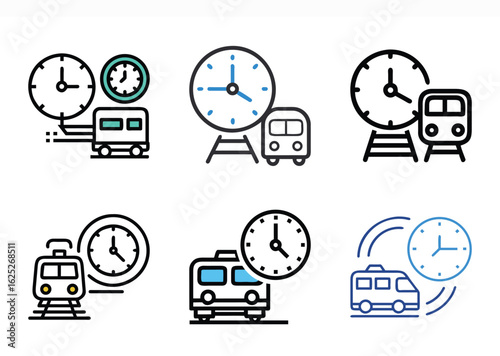 Train Travel Time Icons Showing Trains and Timers in Six Styles