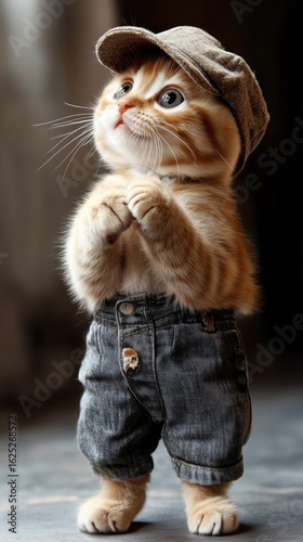 Cute kitten dressed in vintage overalls and cap standing on hind legs