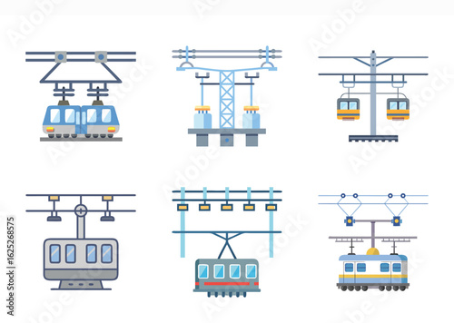 Various depictions of electric train systems, aerial tramways, and infrastructure