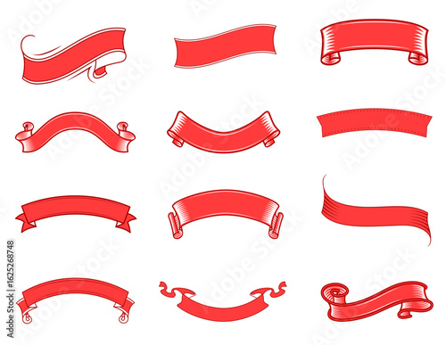 Collection of vintage style red banner ribbon designs for decoration and graphic elements
