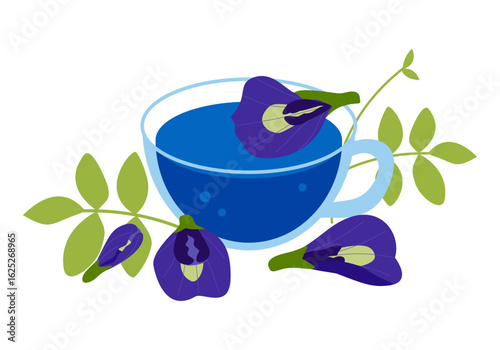 Butterfly pea tea in a glass cup. Vector illustration of herbal drink on white background.