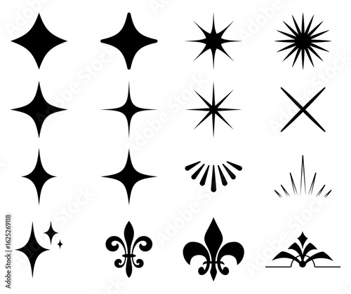 Variety of decorative starburst and fleur-de-lis symbols arranged in a grid pattern