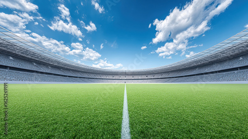 Wide shot of empty soccer stadium with perfect green field under bright blue sky with scattered clouds creating peaceful atmosphere