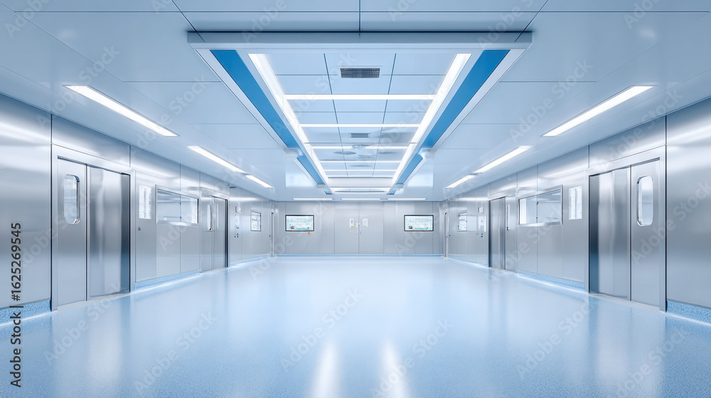 Obraz premium Empty clean hospital corridor with bright lighting and metallic walls creating sterile and calm atmosphere for medical use