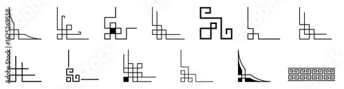 Collection of decorative corner elements with geometric and spiral designs for graphic projects
