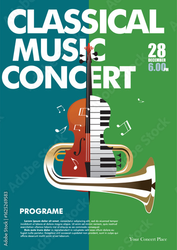 Classical music concert poster design. Cello, piano keys, tuba and musical notes elements. Editable EPS vector	

