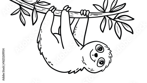 Sloth hanging upside down from a tree branch with leaves in a black and white cartoon line drawing style