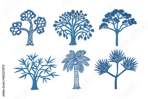 Diverse Tree Silhouettes: A visually captivating composition featuring six unique tree silhouettes in shades of serene blue, each meticulously drawn with distinct detail.