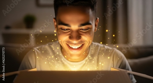 Excited young man opening a magical box.