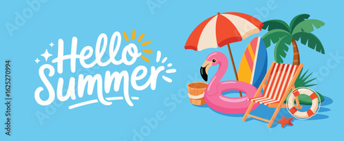 Hello Summer beach scene with flamingo float and deck chair tropical vacation