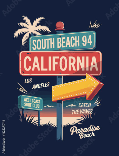 Retro California Beach Signpost with Palm Tree and Sunset vintage