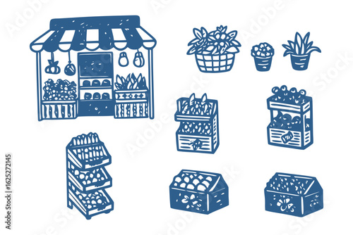 Fresh Market Stall Illustration: An inviting illustration of a market stall overflowing with fresh produce and plants.