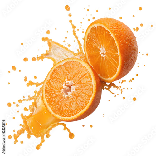 Orange halves with splashing juice isolated on transparent background