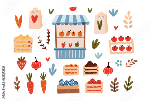 Fresh Market Stall: A vibrant illustration of a charming market stall, overflowing with a colorful array of fresh fruits and vegetables, evoking the feeling of a thriving local produce market.