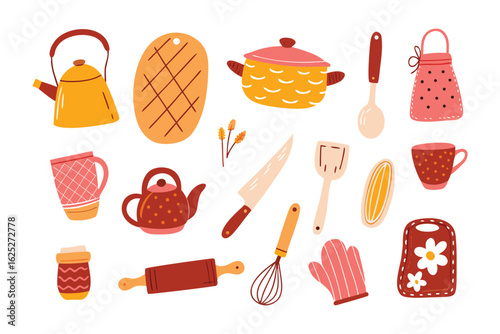 Kitchen Utensils Array: A collection of brightly colored, inviting kitchen utensils is artfully arranged, perfect for adding a touch of culinary charm to any project.