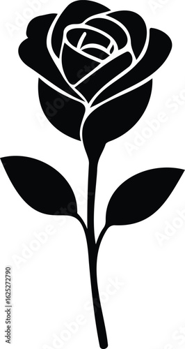 Silhouette of a single blooming rose flower with stem and leaves in bold black vector style, elegant floral minimalist illustration