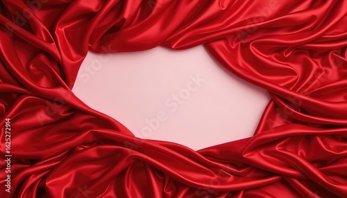 Flowing red fabric forming a soft frame around a light pastel backdrop for creative design and presentations