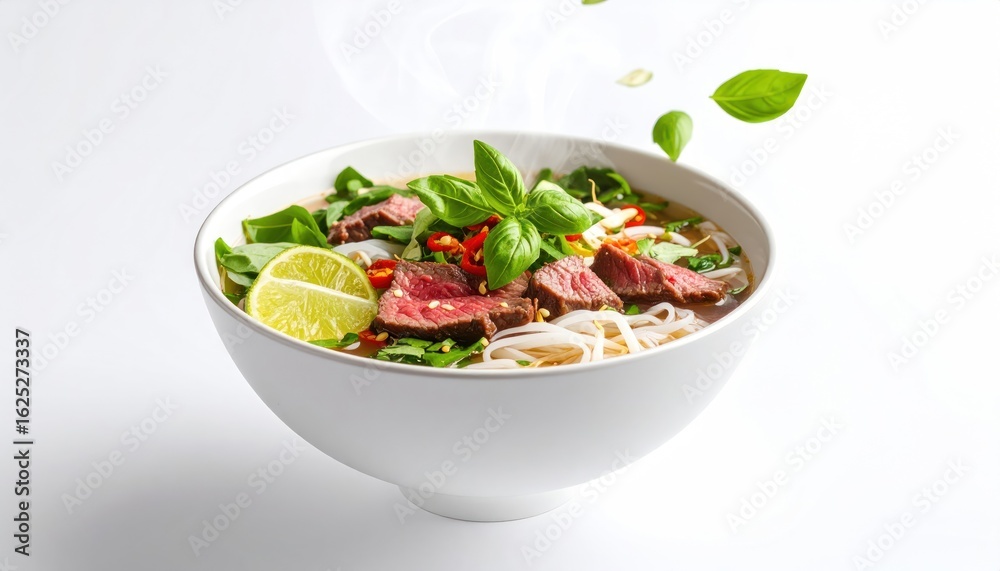 Vietnamese Pho Soup Bowl Culinary Cuisine with Asian Food, and White Background. Vietnamese Pho Soup Bowl Culinary Cuisine with Asian Food, and White Background.