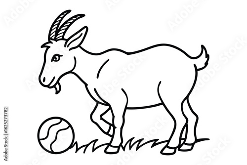 Line art illustration of a goat playing with a ball on grass
