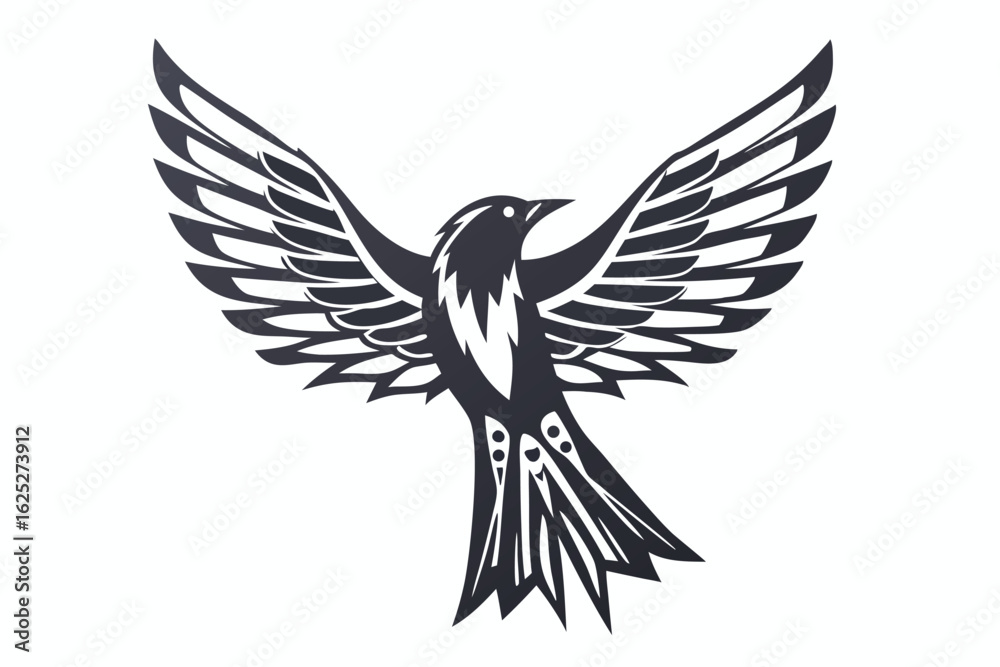 Obraz premium A stylized bird soars, with outstretched wings in monochrome shape