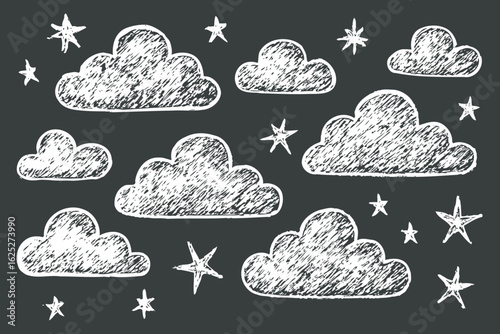 Crayon Clouds and Cute Stars Hand-Drawn Doodle Vector Icons in Kid’s Style