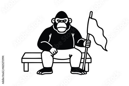 Gorilla sitting on a bench holding a flag
