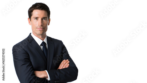 Confident Businessman in Suit with Arms Crossed on White Background