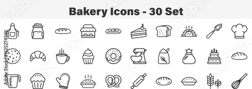 Bakery 30 Set Line Art icons Collections Vector Illustration. Bakery Shop and Pastry Goods Line Icon Collection