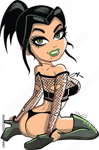 Sexy cartoon girl in fishnet outfit, green lipstick, confident pose, seductive eyes, edgy style, vector art, digital illustration, bold colors