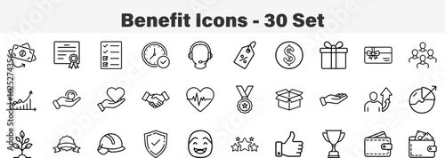 Benefit 30 Set Line Art icons Collections Vector Illustration. Employee Benefits and Corporate Perks Icon Set